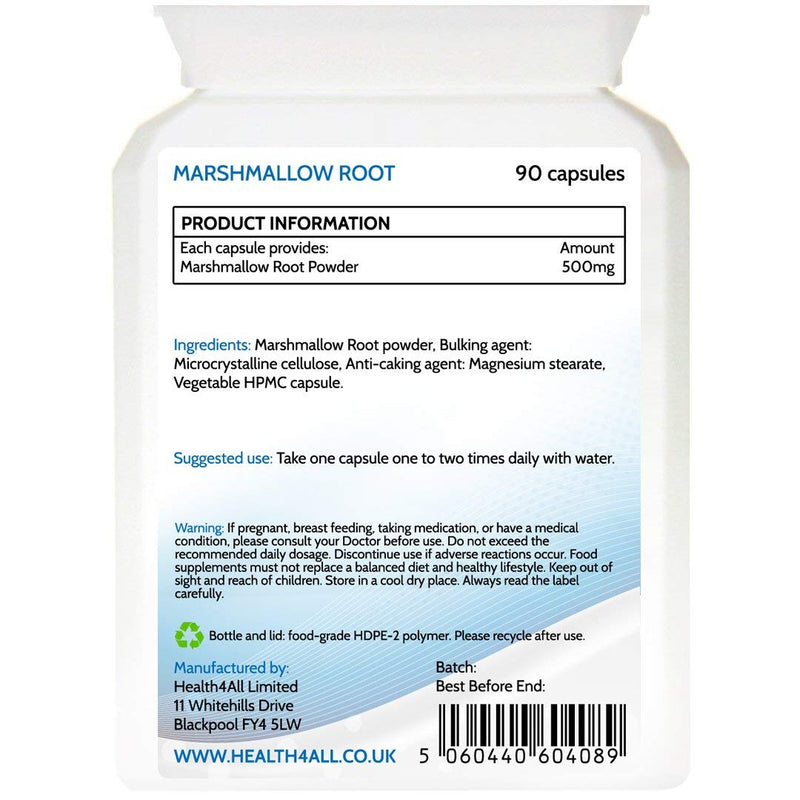 [Australia] - Marshmallow Root 500mg 90 Capsules (V) (not Tablets) Vegan. Made in The UK by Health4All 90 Count (Pack of 1) 