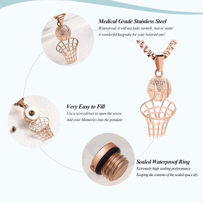 [Australia] - XSMZB Basketball Hoop Cremation Jewelry for Ashes Stainless Steel Pendant Locket Keepsake Memorial Urn Necklace for Women Men Rose Gold 