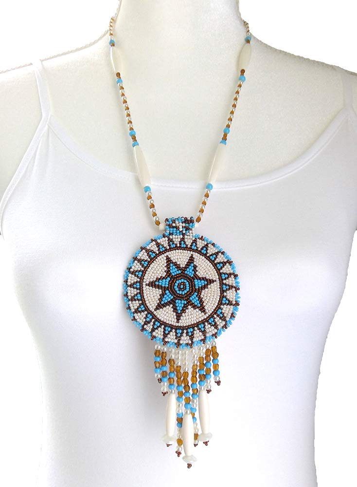 [Australia] - Native Style Beaded Necklace Earrings Set with Large Rosette Pendant Cream Star 