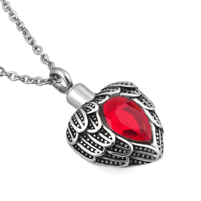 [Australia] - LoEnMe Jewelry Urn Necklace for Ash Cremation Pendant Love Heart Vintage Angel Wing Birthstone for Family January Garnet Red Teardrop Crystal 