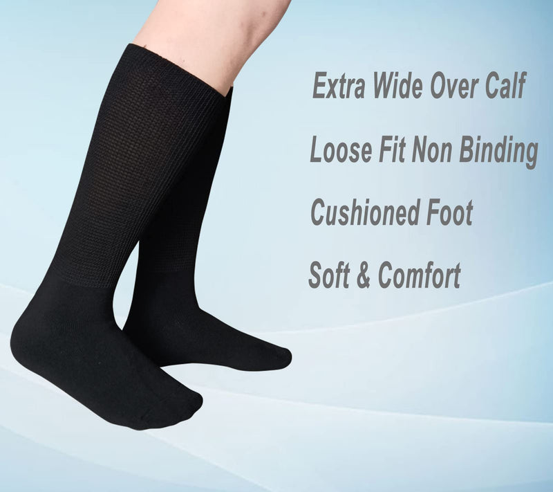 [Australia] - Extra Wide Bariatric Socks Non Binding Diabetic Sock for Lymphedema Swollen Edema Cast Leg Super Wide Calf for Men Women Elderly Sensitive Swelling Foot (Black/2 Pairs) Black 