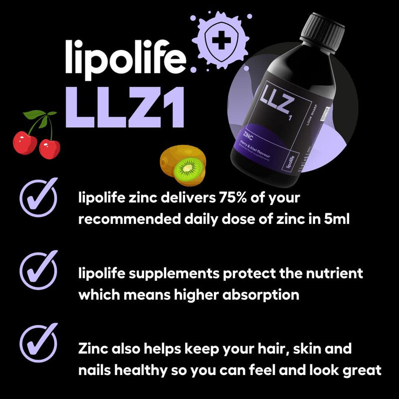 [Australia] - lipolife liposomal liquid Zinc supplement for optimal immune support LLZ1. Delicious cherry and kiwi flavour, vegan, gluten free, sugar free. 48 servings. 