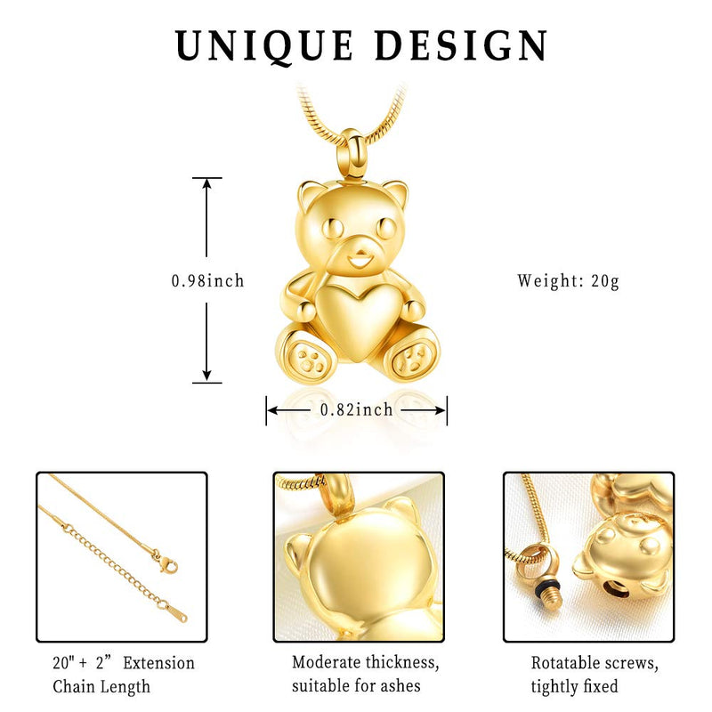 [Australia] - Stainless Steel Teddy Bear Pet Urn Ashes Pendant Memorial Ash Keepsake Cremation Jewelry Necklace Gold 