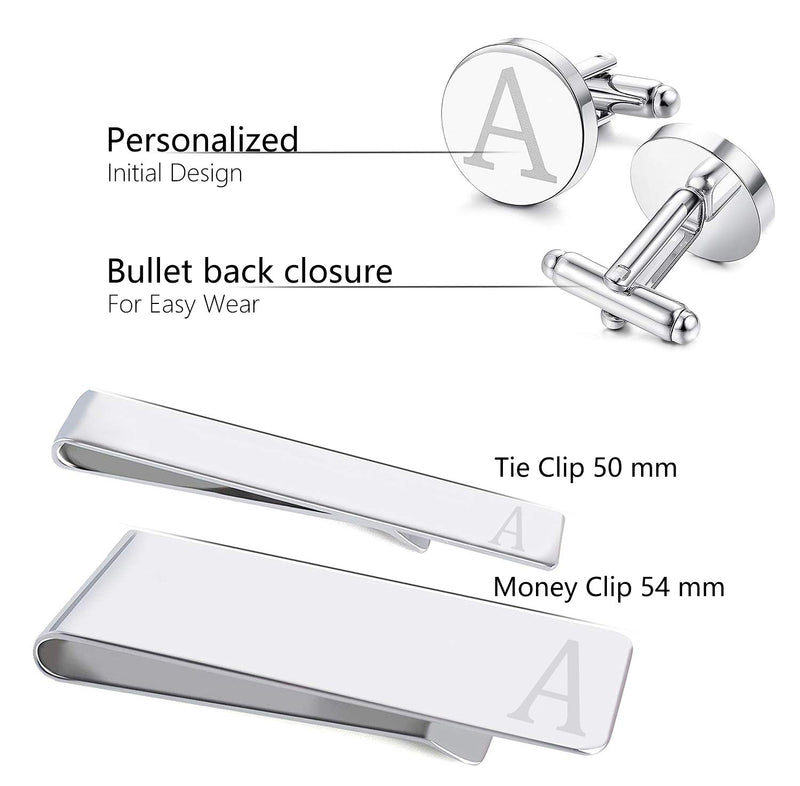 [Australia] - eejart 4PCS A Set Cufflinks Tie Clips Money Clips for Men 316L Stainless Steel Cufflinks Personalized Engraved Initials A/H Business Wedding with Box Silver-A 