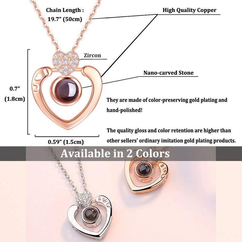 [Australia] - NEW-EC Necklace That Says I Love You in 100 Different Ways I Love You Necklace in 100 Languages Heart Rose Gold Hollow I U Design Projection Necklace Xmas Gift Birthday Present for GF Rose Gold-Heart 