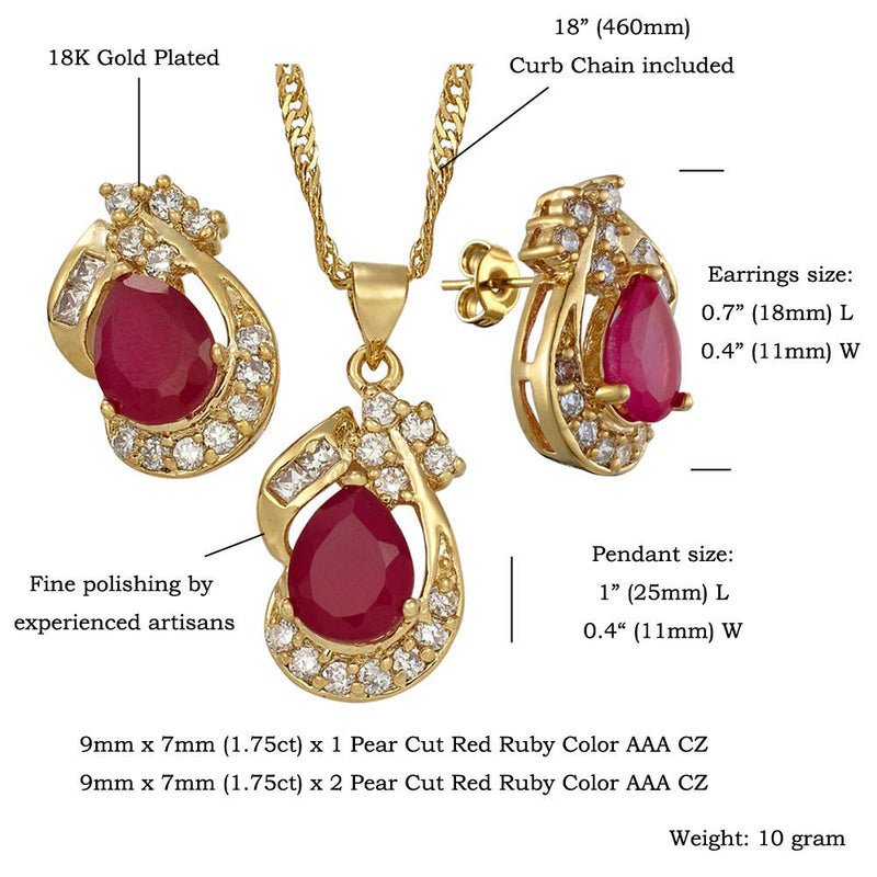 [Australia] - RIZILIA Pear Cut Red Ruby Yellow Gold Plated Jewelry Set, Pendant with 18" Chain Stud Earrings 