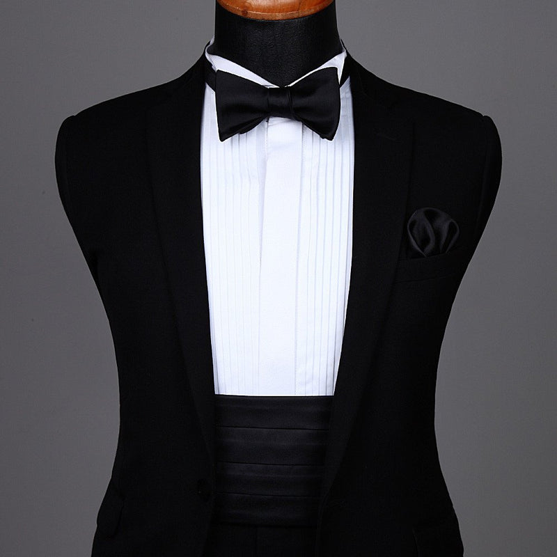 [Australia] - HISDERN men's formal Cummerbund with bow tie and pocket square adjustable suit wedding party suit Black One Size 