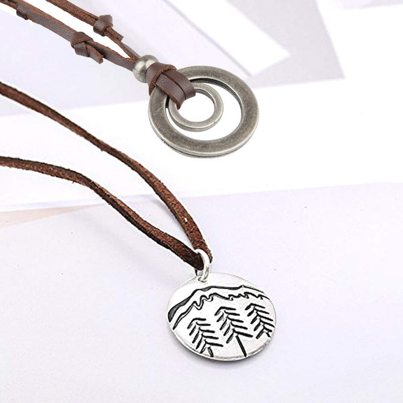 [Australia] - Antique Silver Tiny Mountain Forest Necklace, Nature Wilderness Trees Hiking Camping Pendant Necklace for Outdoor Lovers, Skiers and Hikers H:Leather necklace set 