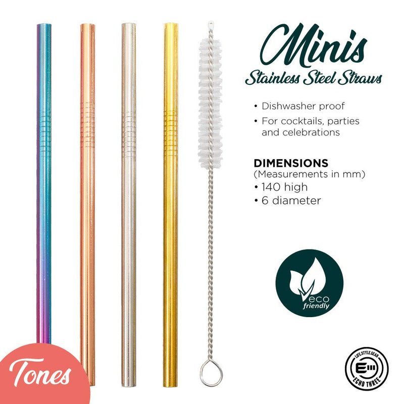 [Australia] - Reusable Metal Straws Mini's Set of 4 | Stainless Steel | Eco Friendly | Coloured Cocktail Straws | Short Reusable Straws | Rainbow Rose Gold Silver 