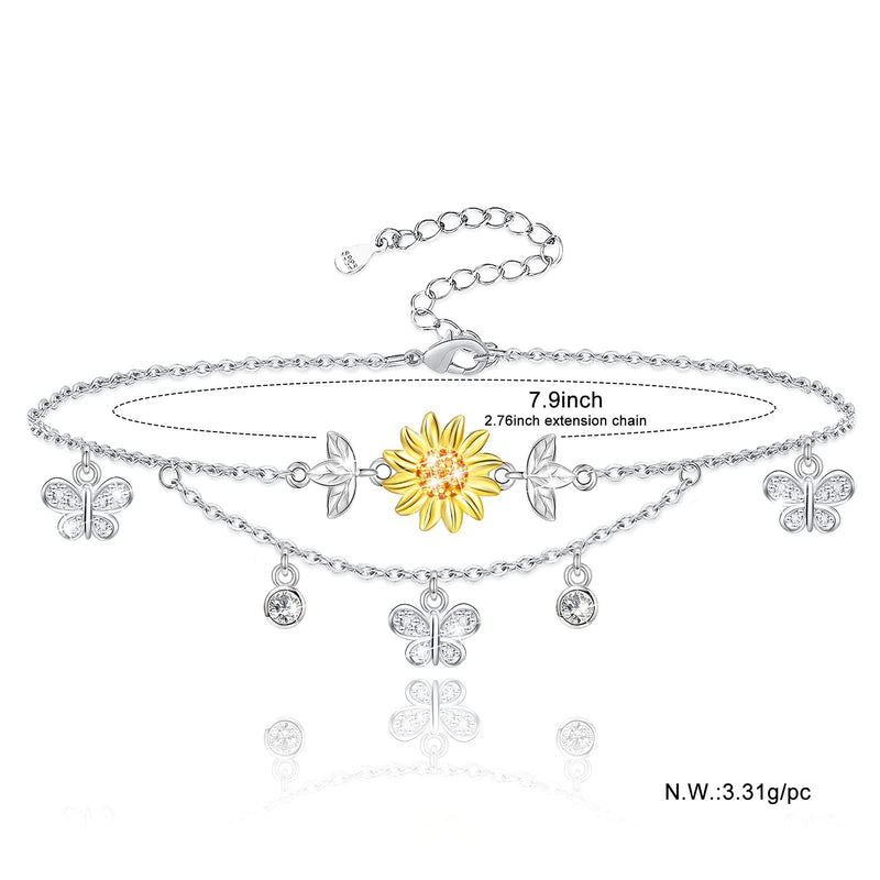 [Australia] - ATTRACTTO Sunflower Anklet for Women S925 Sterling Silver Adjustable Layered Foot Ankle Bracelet for Beach Party Birthday Mother's Day A-Butterfly Sunflower Anklet 
