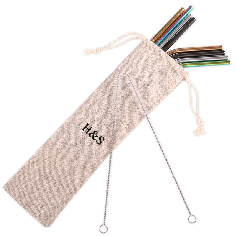[Australia] - H&S 8 Metal Straws Reusable Coloured Stainless Steel Drinking Straws 2 Cleaning Brush Cleaner for Smoothie Hot Drinks with Bag Rainbow 
