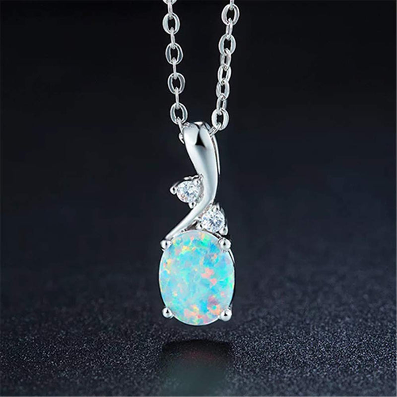 [Australia] - AILUOR Sterling Silver Created Gemstone Oval Birthstone Opal Pendant Necklace for Women Mother Girls 