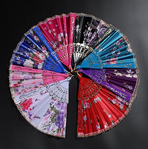 [Australia] - BABEYOND 8pcs Floral Folding Hand Fan Vintage Handheld Lace Folding Fan with Different Flower Patterns Fabric Folding Fan for Wedding Dancing Party (Color Random Selected with Chinese Rose) Chinese Rose-1 