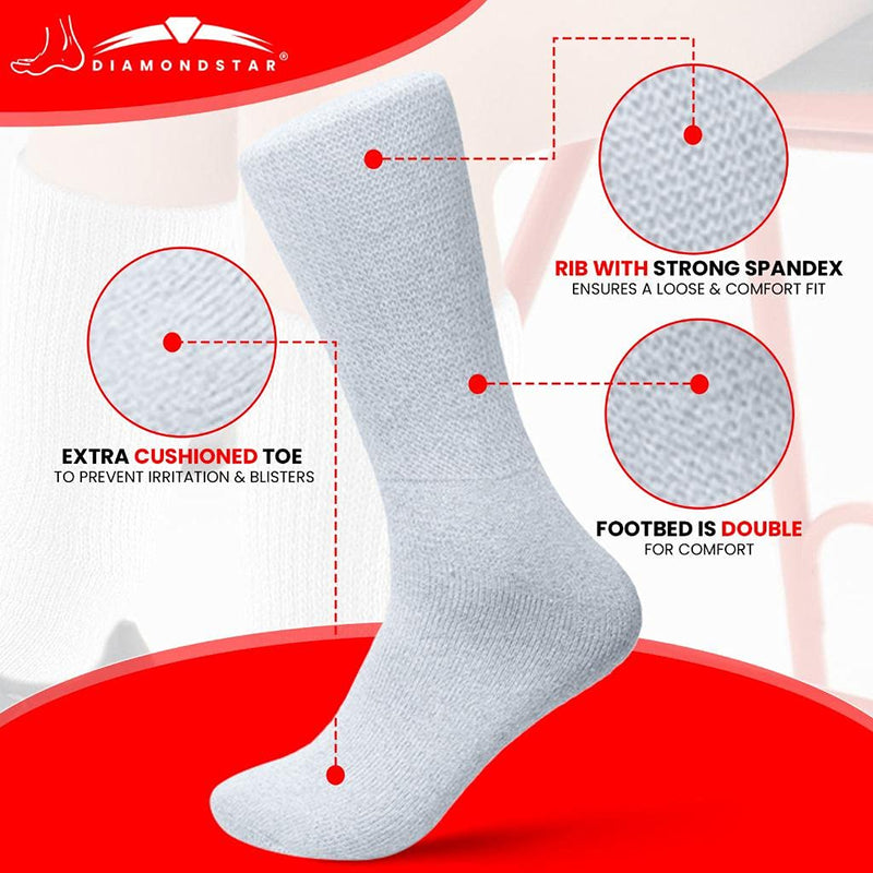 [Australia] - Diamond Star Diabetic Socks, Non-Binding Circulatory Cushion Cotton Crew Diabetic Socks for Men Women 3 Pairs White 13-15 