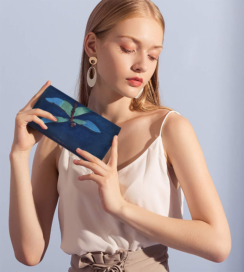 [Australia] - FANDARE Women's Wallet Purse Leather Clutches Evening Handbags Card Cases Holders & Money Organizers Lady Dragonfly Wallet for Party,Travel,Walking, Shopping Dark Blue 