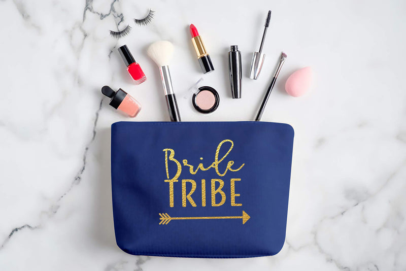 [Australia] - 6 Piece Set | Navy Blue Bride Tribe Canvas Cosmetic Makeup Clutch Gifts Bag for Bridesmaid Proposal Box & Bridesmaids Bachelorette Party Favors 6 Count 