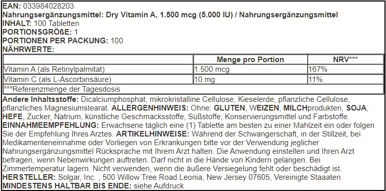 [Australia] - Solgar Dry Vitamin A 1500 mcg (5000 IU), 100 Tablets - Supports Healthy Eyes, Skin & Immune System - Non-GMO, Vegan, Gluten Free, Dairy Free, Kosher - 100 Servings 