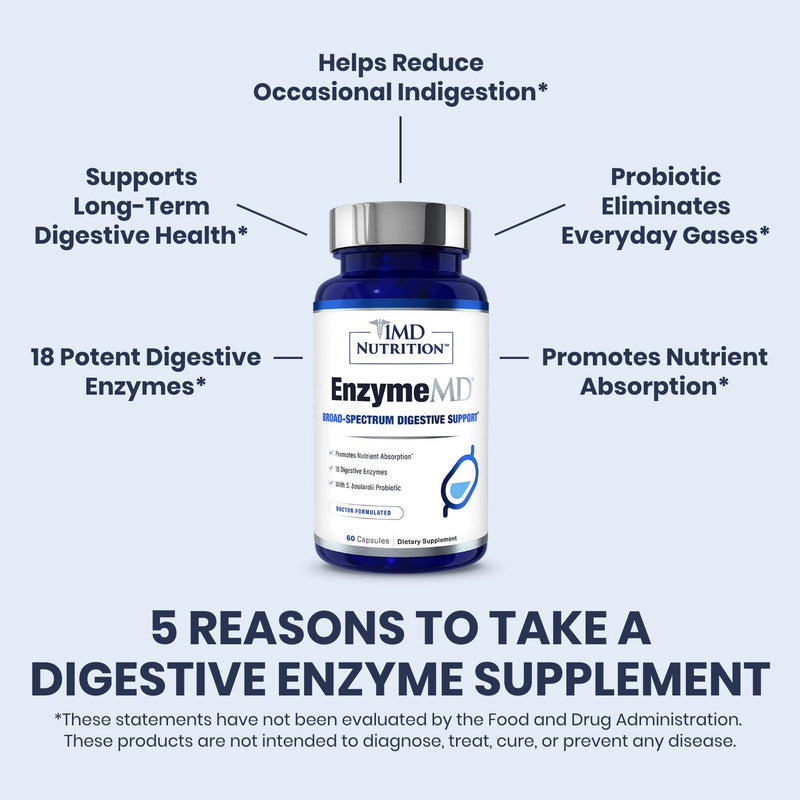 [Australia] - 1MD Nutrition EnzymeMD - Digestive Enzymes Supplement - Doctor Formulated | 18 Plant-Based Enzymes - Gas & Bloating Support | 60 Capsules 60 Count (Pack of 1) 