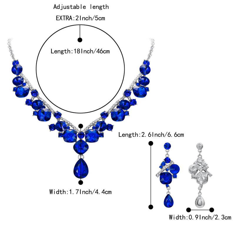 [Australia] - BriLove Women's Wedding Bridal Crystal Geometric Cluster Statement Necklace Dangle Earrings Set Royal Blue Silver-Tone 