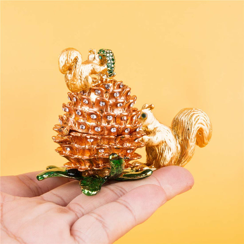 [Australia] - Jewelry Trinket Boxes Hinged - Golden Squirrel Pinecone, Crystal Jeweled Animal Figurines Jewelry Display Ring Holder Box Collectible 