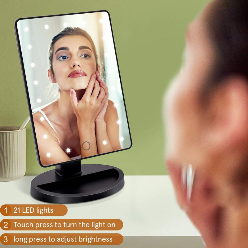 [Australia] - BUENOLIFE Makeup Mirror with Lights, Lighted Vanity Mirror with 21 Led Tabletop Mirror Light Adjustable, Dual Power Cosmetic Mirror with Touch Screen Dimming, Detachable 10X Magnification-Black Black 