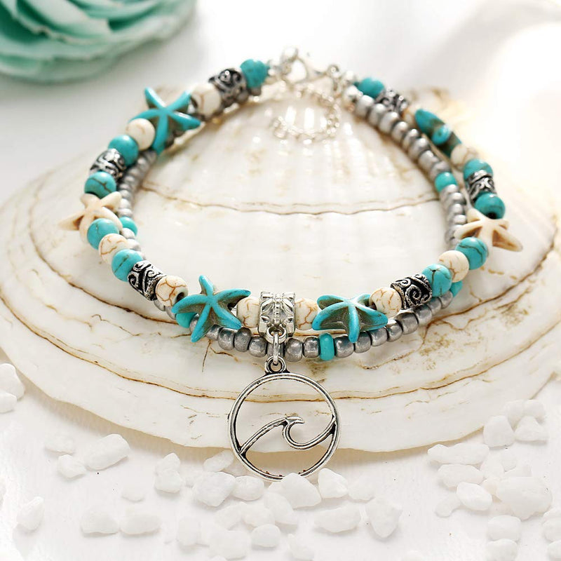 [Australia] - ASHMITA Blue Turtle Ankle Bracelet Set Multilayer Beads Handmade Boho Beach Anklet Foot Jewelry Women Set of E 