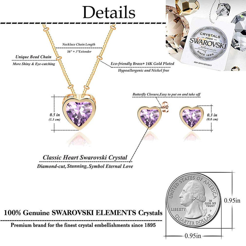 [Australia] - Swarovski Crystal Heart Pendant Necklace Earrings for Women 14K Gold Plated Hypoallergenic Jewelry Set Tanzanite 