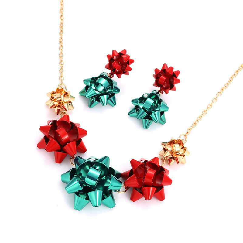 [Australia] - Christmas Necklaces Earrings Set For Women Statement Xmas Gift Bow Collar Necklace Drop Dangle Earrings Set Holiday Jewelry Gift gold red green 