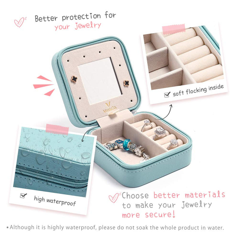 [Australia] - Vee Travel Jewelry Box with Mirror, Small Jewelry Organizer Display Storage Case for Women Girls Earrings Rings Necklaces (Blue) Blue 