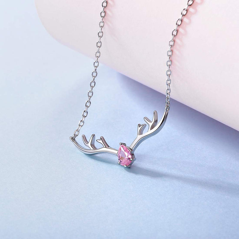 [Australia] - Antler Necklace 925 Sterling Silver Reindeer Animal Horn Jewelry Minimalist Style Clavicle Chain with Personalized Birthstone Charm Deer Antler Charm Necklaces 10.Oct. Lucky Pink 