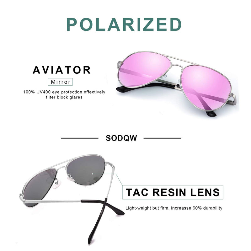 [Australia] - SODQW Aviator Sunglasses for Women Polarized Mirrored, Large Metal Frame, UV 400 Protection C1 Matte Silver Frame/Cyclamen Pink Mirror Lens 