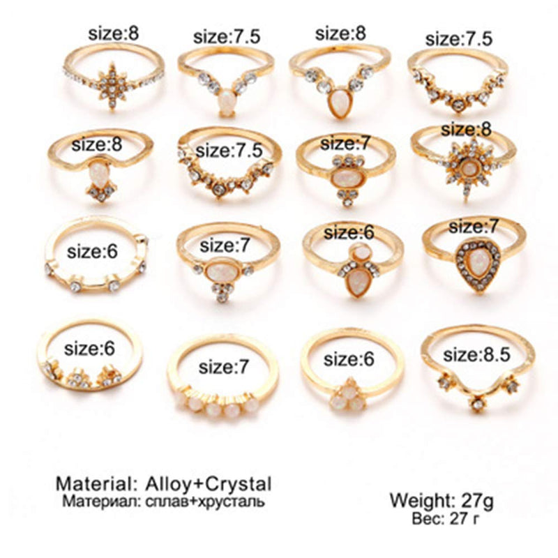 [Australia] - BERYUAN White Gem Stone Vintage Gold Knuckle Ring Set Cute Gift For Her For Women Girls Teens 16Pcs (gold 2) 