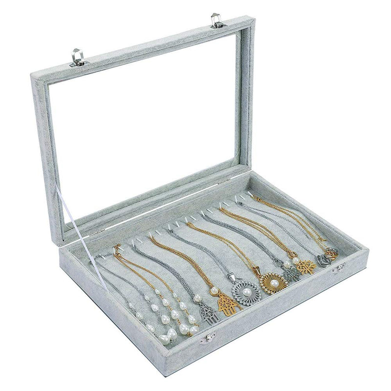 [Australia] - Aiky Large Necklace Organizer Clear Glass Lid 20 Hook Necklace Holder Stackable Jewelry Organizer Display Box Lock Grey Velvet Tray Showcase Storage Case Gifts for Women 