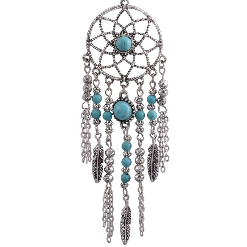 [Australia] - CrazyPiercing Retro Silver Tone Chain Necklace, Vintage Dream Catcher Turquoise Feather Pendant Long Chain Necklace Jewelry for Women Girls 