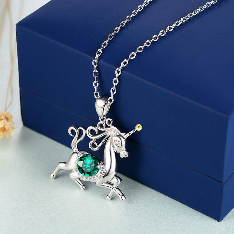 [Australia] - Birthday Gifts for Daughter Green Emerald Jewelry Unicorn Necklace for Teen Girls Granddaughter Sterling Silver Animal Necklace Unicorn Green Emerald Necklace 