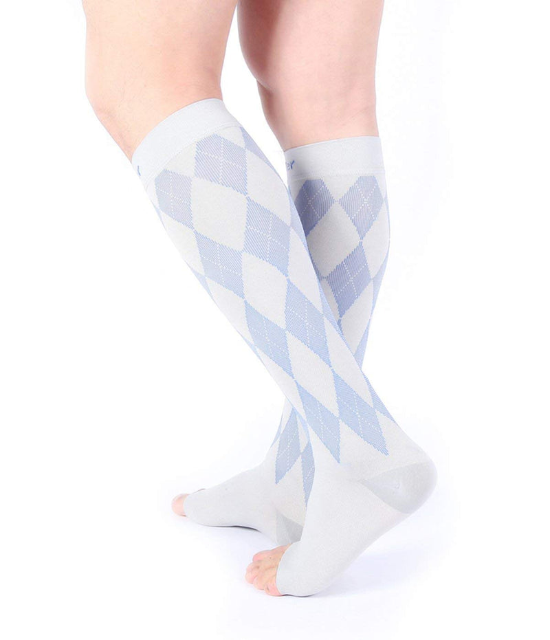 [Australia] - Doc Miller Open Toe Compression Socks Women 20-30mmHg, 1 Pair Toeless Socks for Women and Men - Argyle Design Large Gray.blue Open Toe 