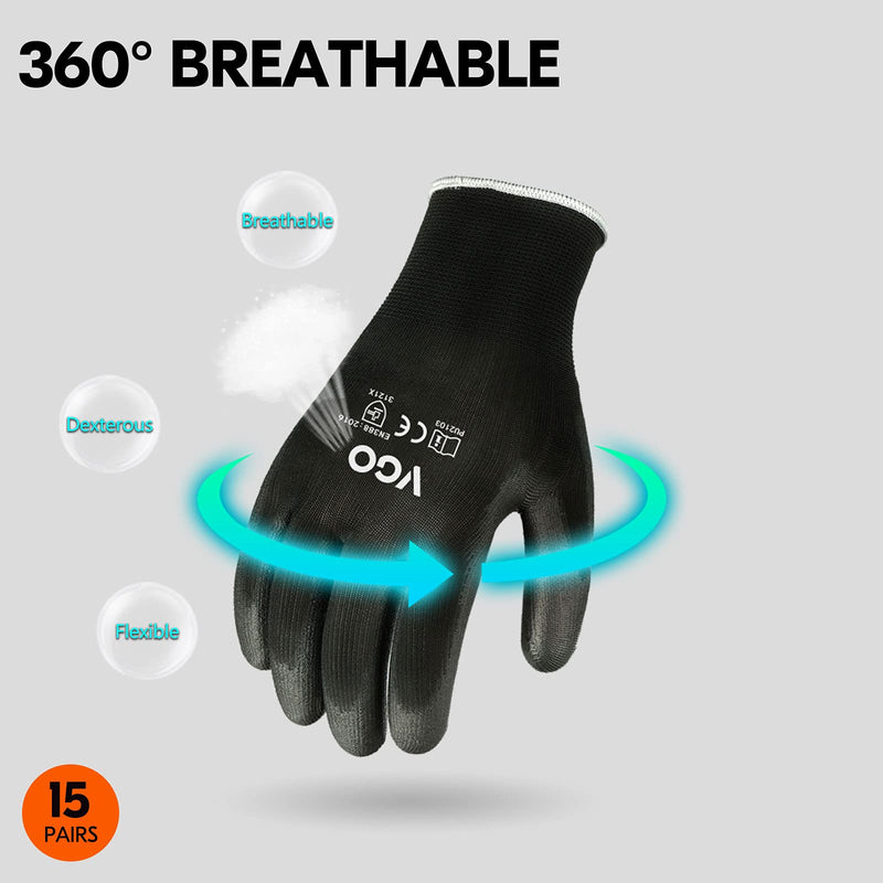 [Australia] - Vgo 15Pairs Safety Work Gloves,Gardening Gloves,Polyurethane Coated,Dipping Gloves,Latex Free(Size M,Black,PU2103) M (Pack of 15) Black-PU2103 