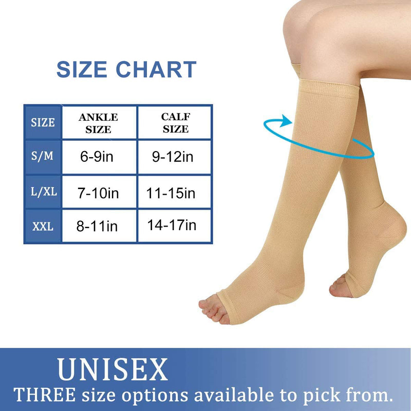 [Australia] - 3 Pairs Open Toe Compression Socks Women Knee High Toeless 15-25 mmHg Beige Large/X-Large (3 Pair) 