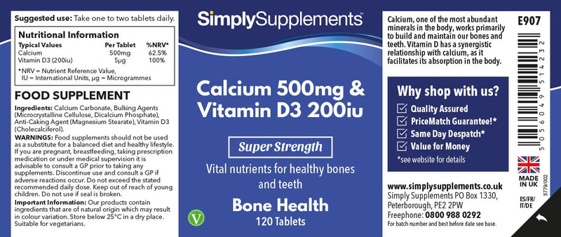 [Australia] - Calcium Tablets with Vitamin D | High Strength Supplements for Bones & Teeth | Vegetarian Friendly | 500mg of Calcium and 200iu of Vitamin D3 | 120 Tablets = 3 Month Supply | Manufactured in The UK 