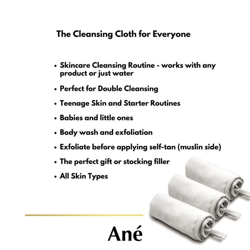 [Australia] - An√© 3 Double Sided Muslin and Microfibre Face Cleansing Cloths - Makeup Removers, Deep Pore Cleansers and Face Exfoliators 