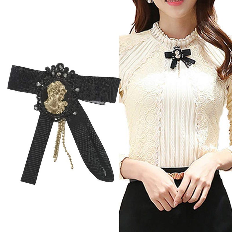 [Australia] - SansoiSan Women's Vintage Beaded Buttons Pleated Shirt Long Sleeve Lace Stretchy Blouse Black and Beige Bow Tie 