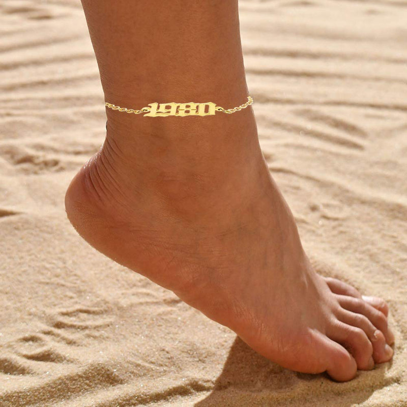 [Australia] - CSIYANJRY99 Birth Year Ankle Bracelets for Women,14K Gold Plated Birth Year Number Anklets Adjustable Chain Beach Foot Ankle Bracelets for Teen Girls Birthday Gifts 1980 