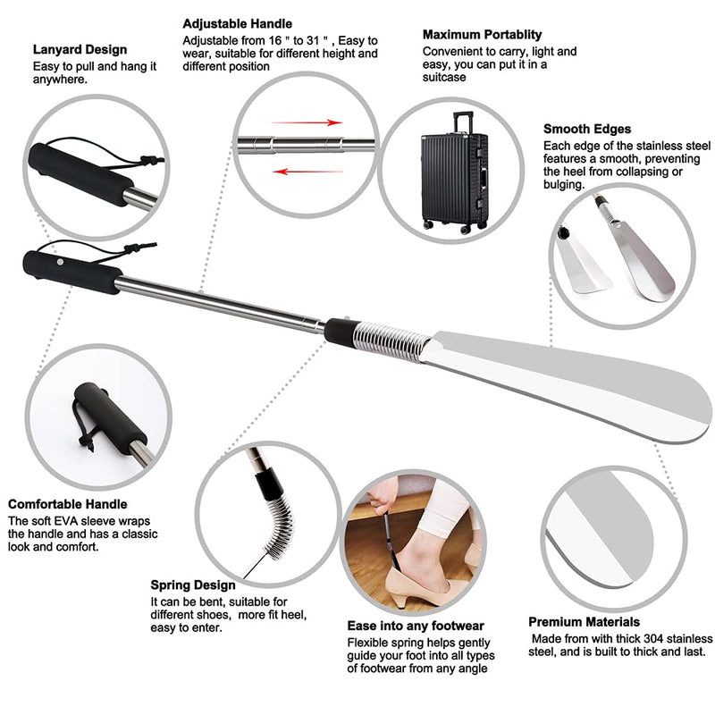 [Australia] - Extendable Shoe Horn, Lifter 16" to 31", Shoe Helper, Travel Shoe Horn Long Handle for Seniors, Metal Shoe Horn for Men, Kids or Adults, Extends & Collapses Stainless Steel Telescopic Spring Shoehorn 