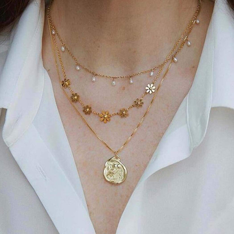 [Australia] - Adflyco Boho Layered Pearl Choker Necklace Gold Flower and Coin Pendant Necklaces Chain Jewelry Adjustable for Women and Girls 