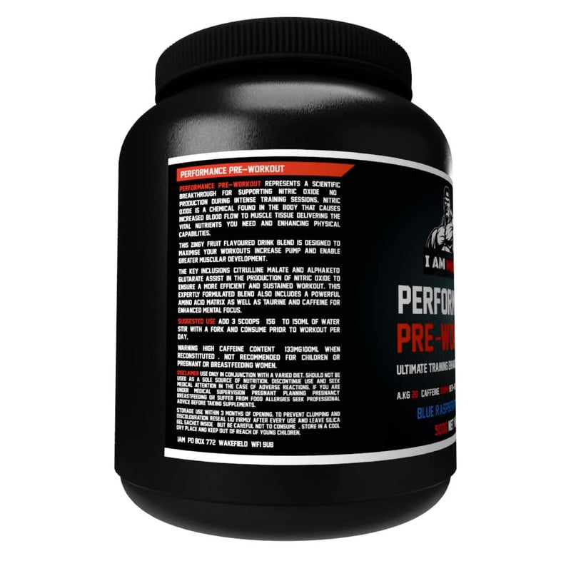 [Australia] - Performance Pre Workout, Ultimate Training Enhancement Formula with 200mg Caffeine, 6.9g Protein, Beta-Alanine and Amino Acids, Blue Raspberry, 500g 