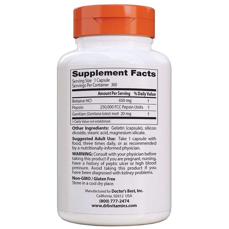 [Australia] - Doctor's Best Betaine HCI Pepsin & Gentian Bitters, Digestive Enzymes for Protein Breakdown & Absorption, Non-GMO, Gluten Free, 360 Count (Pack of 1) 