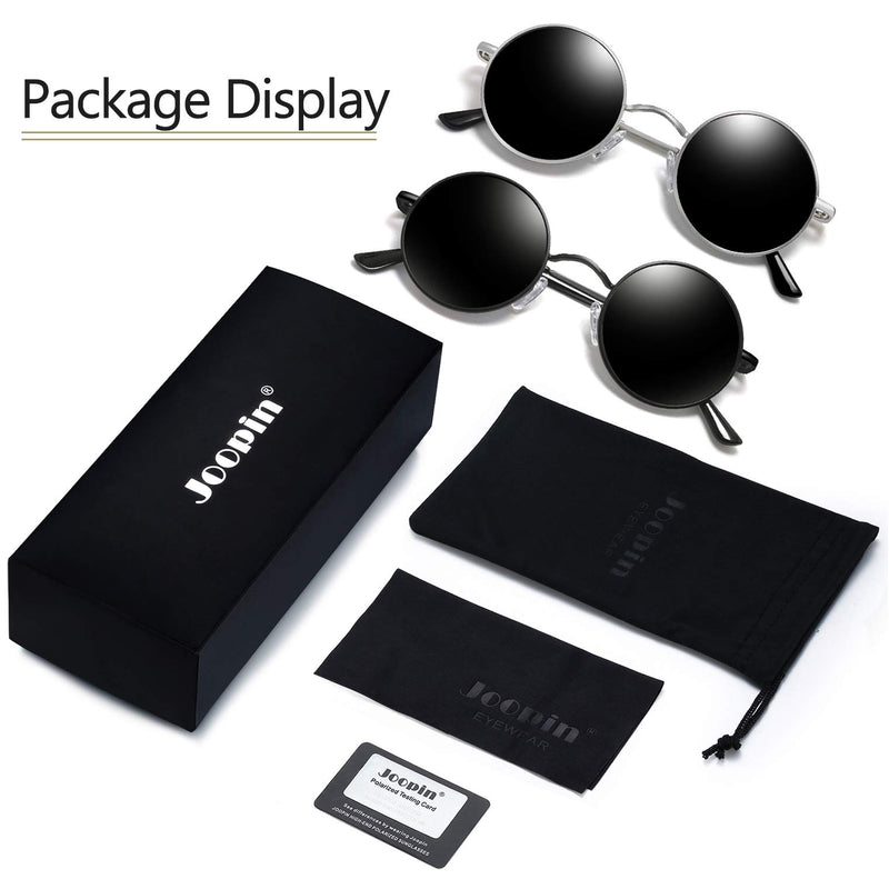 [Australia] - Joopin Polarized Lennon Round Sunglasses Women Men Circle Hippie Sun Glasses 2 Pack (Black+ Silver) as the pictures 