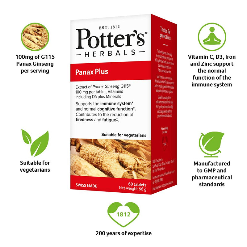 [Australia] - Potter's Herbals Panax Plus | 60 Tablets | Panax Ginseng G115 | Plus Vitamin D3 | Suitable for Vegetarians 