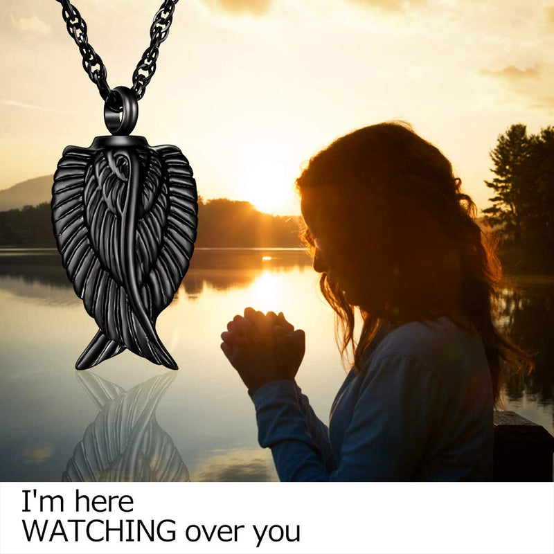 [Australia] - Dletay Angel Wing Cremation Necklace for Ashes Stainless Steel Urn Pendant Ashes Holder Memorial Jewelry-I’m Here Watching Over You Black 