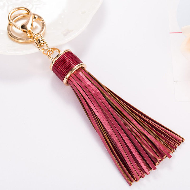 [Australia] - ZOONAI Women Leather Tassels Keychain Car Circle Key Rings Gift Bag Hanging Buckle Black 